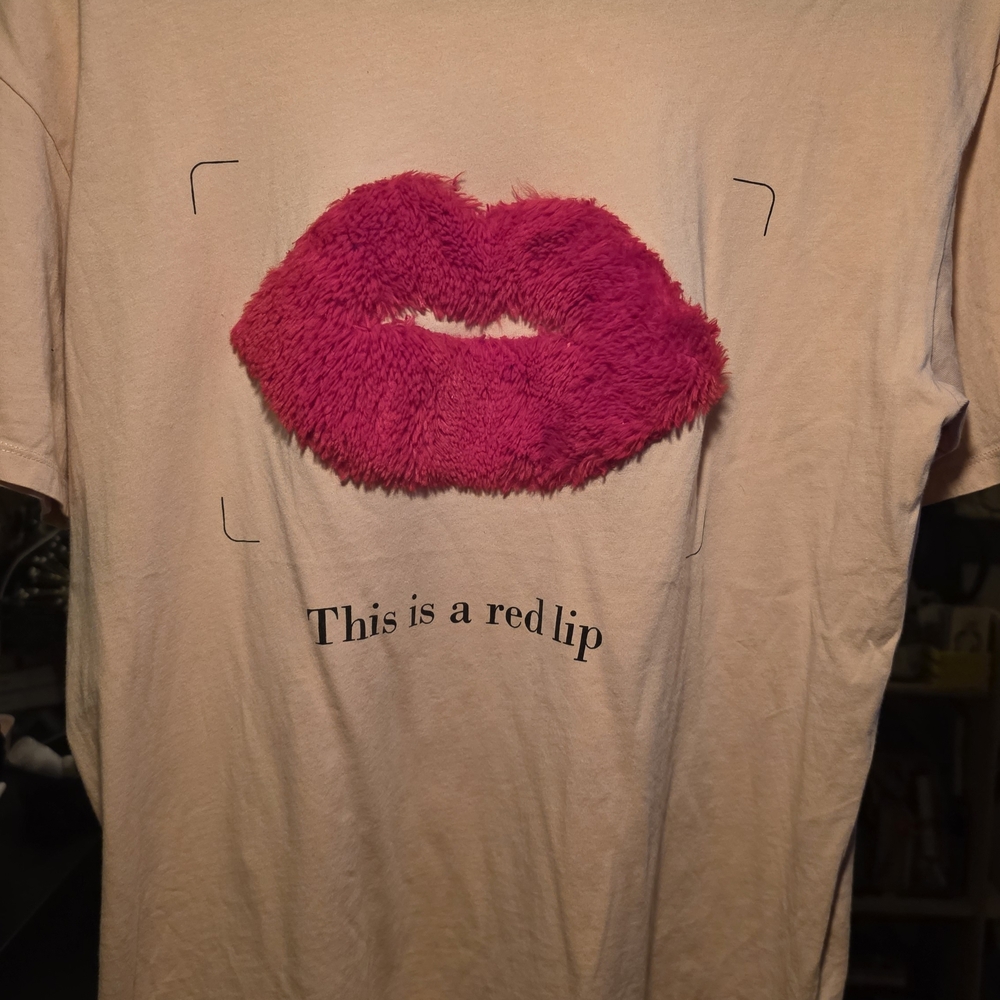 Bershka Blush Pink/Beige Top with Red Graphic Lip